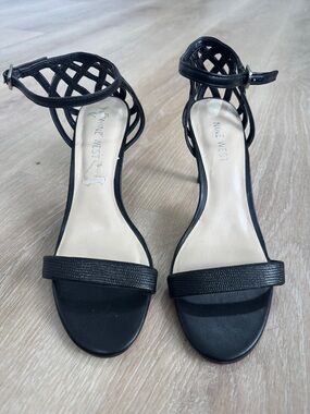 Nine West Black Open-Toe Lattice Ankle-Strap Heels